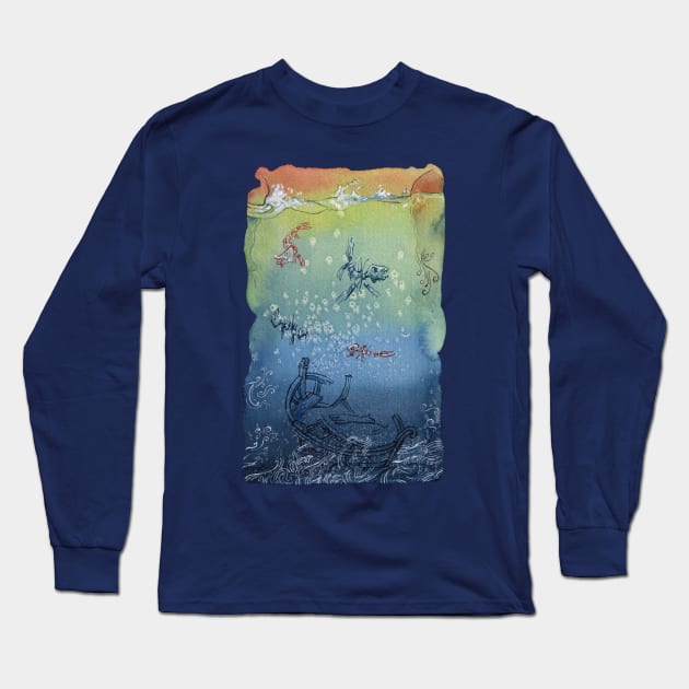 shipwreck, fish, skeletons, fantasy, Long Sleeve T-Shirt by StabbedHeart